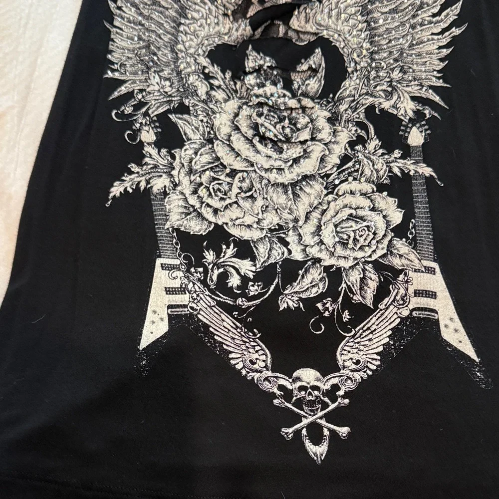 Black Lace-Back Graphic Tank Top with Winged Rose Print - Picture 2 of 3